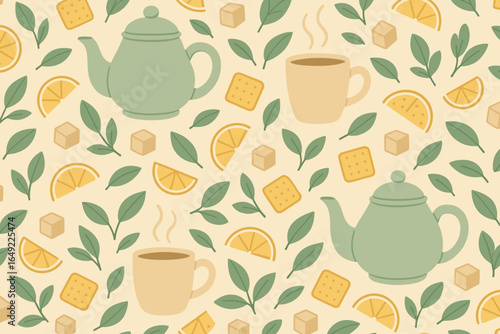 Pattern featuring teapots, cups, and lemon slices with leaves on a light background