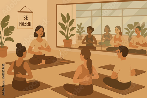 Yoga session in a serene studio setting promoting mindfulness and relaxation among participants