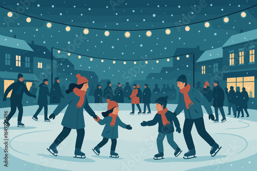 Family enjoys ice skating under festive lights in a winter evening scene with falling snow