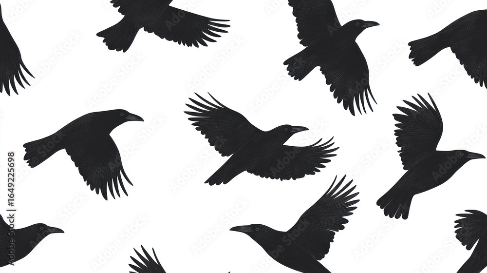 Obraz premium Seamless pattern with flying raven silhouettes on a white background. Dark aesthetic
