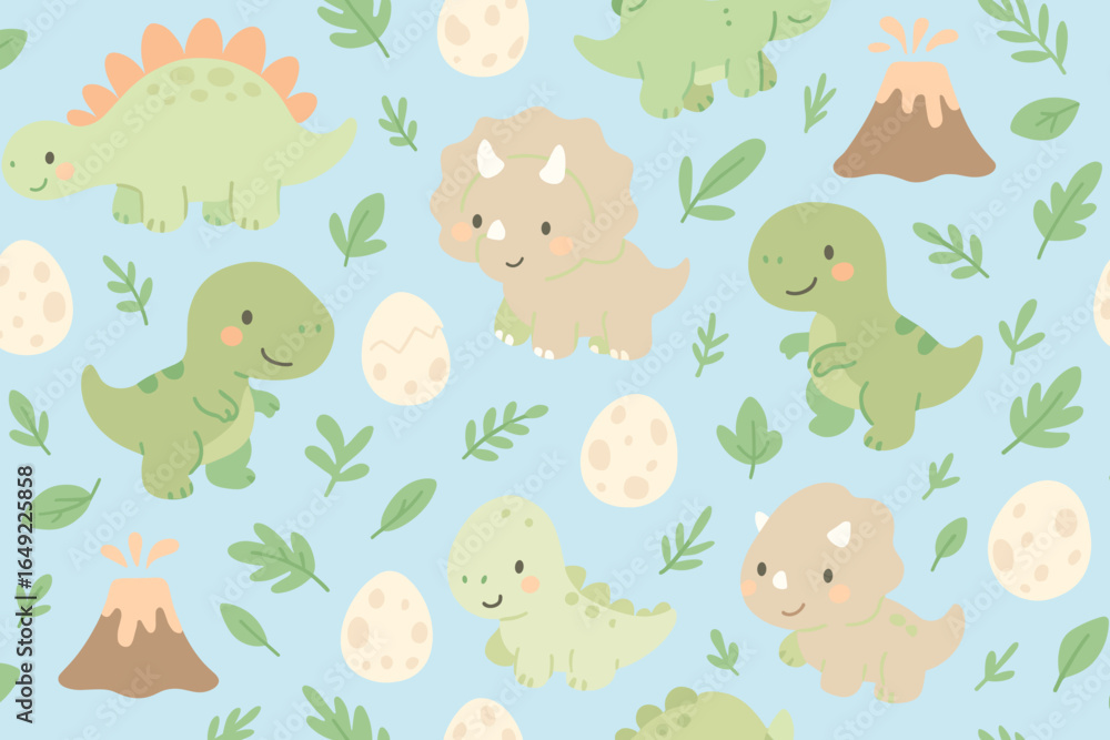 Naklejka premium Adorable seamless dinosaur pattern with cartoon T-Rex, triceratops, stegosaurus, dino eggs, volcanoes, and green leaves on light blue background