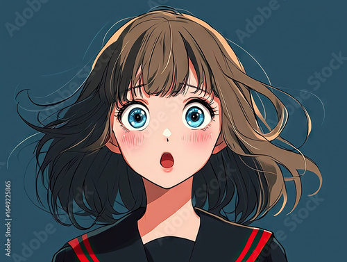 Surprised high school girl with wide blue eyes and flowing brown hair, wearing dark school uniform with red accents