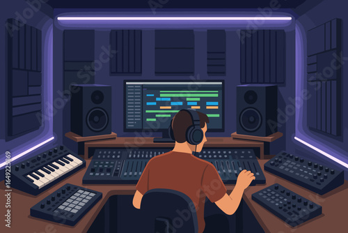Illustration of a music producer in a recording studio working at a mixing console with headphones, synthesizers