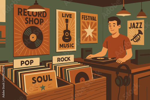 Illustration of retro record shop with vinyl albums, genre labels, music posters, turntable, shopkeeper, and warm vintage color palette