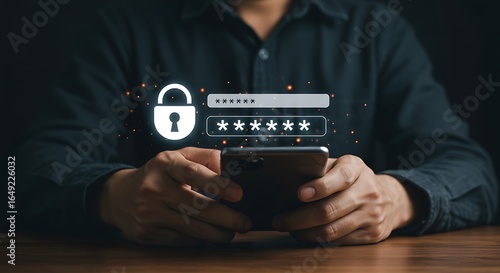 Man using smartphone with digital password and lock icon for secure online authentication