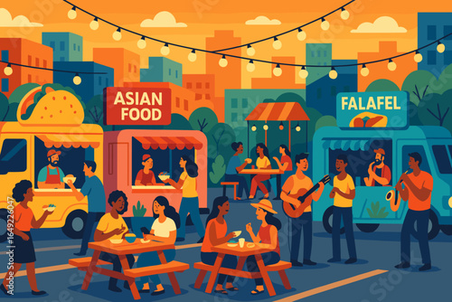 Vibrant Food Truck Festival with People Enjoying Asian Food, Falafel, and Tacos, Live Music, and Outdoor Seating Under String Lights