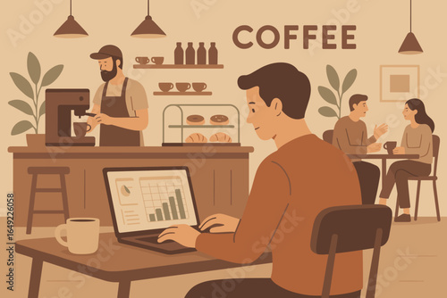 Man Working on Laptop in Cozy Coffee Shop with Barista Preparing Drinks and Customers Chatting at Tables