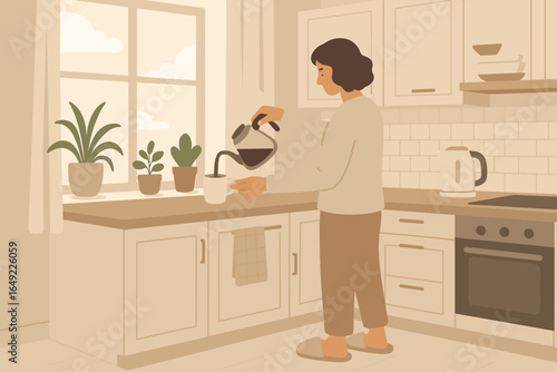 Minimalist illustration of woman pouring coffee in cozy kitchen with indoor plants and warm neutral tones