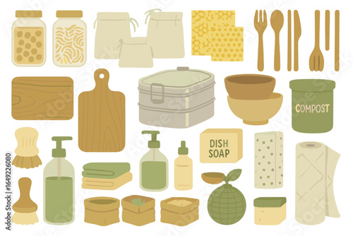 Zero Waste Kitchen Icon Set Featuring Reusable Containers, Eco Utensils, Compost Bin, Cleaning Supplies, and Sustainable Storage