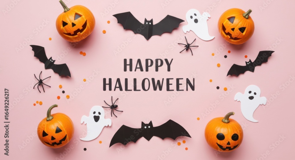 Fototapeta premium Holiday flat lay composition for Halloween on pink