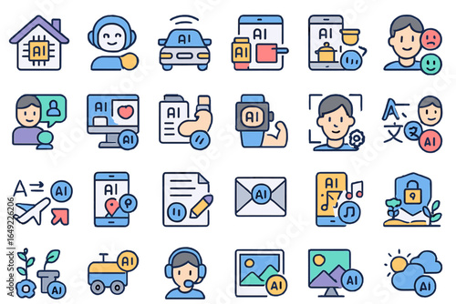 Artificial Intelligence Service and Application Icons for Smart Home, Automation, Translation, Healthcare, Communication, and Creativity