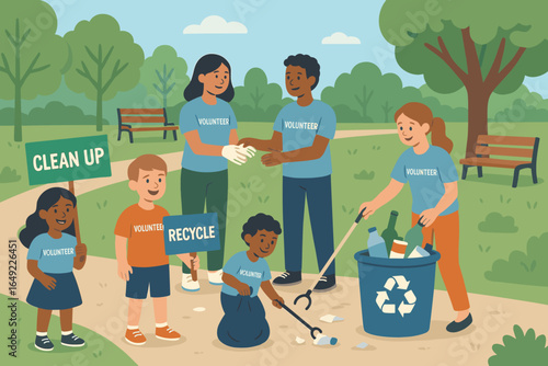 Community members engage in a park cleanup initiative while promoting recycling and environmental awareness on a sunny day