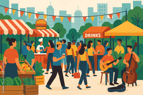 Colorful outdoor market bustling with activity featuring food stalls, music, and people enjoying the vibrant atmosphere in a city park