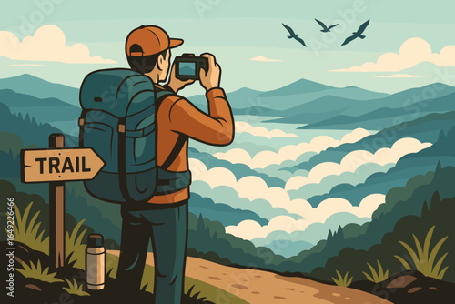 Hiker captures breathtaking mountain landscape at sunrise while exploring a scenic trail