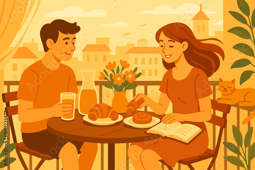 Couple enjoys breakfast on a sunny balcony with pastries, juice, and a book in a cozy urban setting