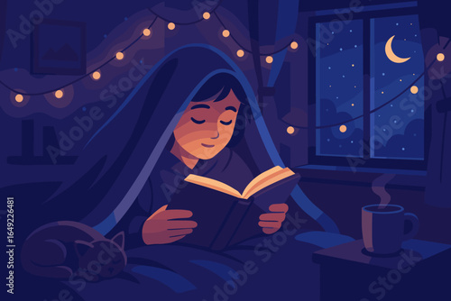 Cozy nighttime reading under a warm blanket with soft lighting and a sleeping cat by the window