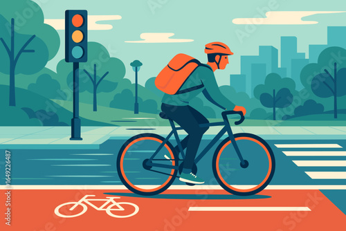 Bicyclist riding through urban crosswalk with traffic lights during daytime