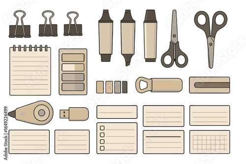 Office supplies collection featuring scissors, markers, and sticky notes arranged neatly on a white background