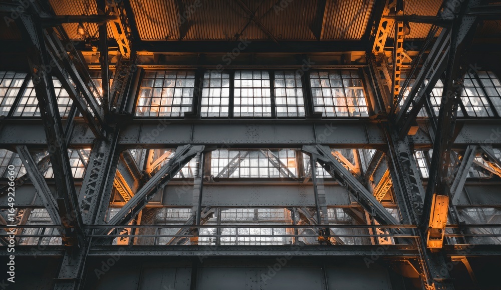 Obraz premium Industrial interior, low-angle view of a large metal building with support beams and rows of windows. Warm light filters through the windows, highlighting the structure
