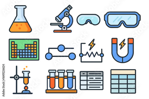 Science laboratory equipment for educational purposes featuring beakers, a microscope, and protective goggles