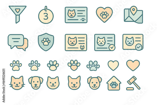 Pet care icons featuring animals, badges, and heart designs for animal welfare and adoption services