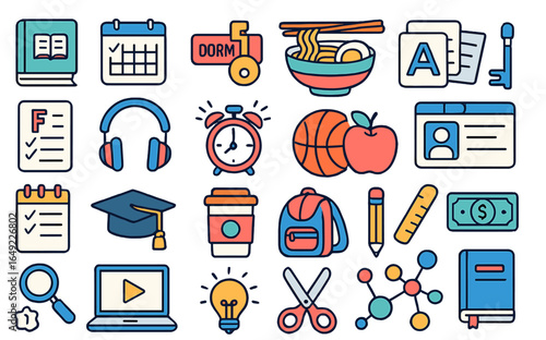 Students prepare for school with planners, study materials, and essentials in a bright, colorful illustration