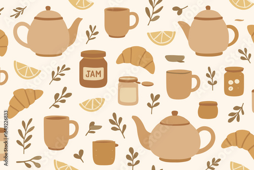 Cozy kitchen patterns featuring teapots, croissants, and jam jars perfect for a cheerful dining setting