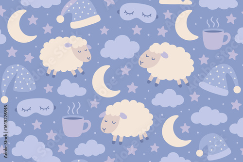 Cute sheep and dream elements create a whimsical night scene with pastel colors and comforting motifs in a cozy design