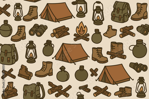 Outdoor camping equipment and essentials scattered on a beige background showcasing adventure gear and supplies