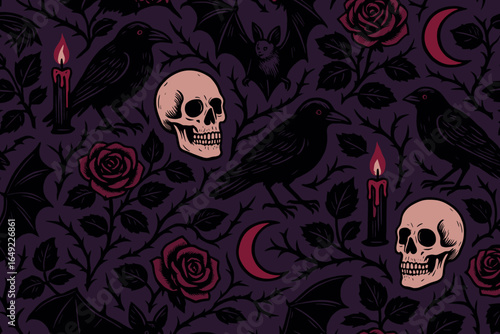 Decorative pattern featuring skulls, ravens, candles, and roses on a dark background for a spooky ambiance