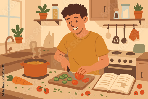 Enjoying cooking in a cozy kitchen while preparing a healthy meal in the morning