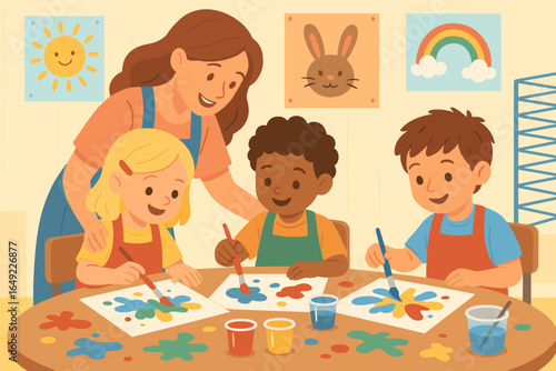 Children enjoying a colorful art activity with a teacher in a vibrant classroom setting during daytime