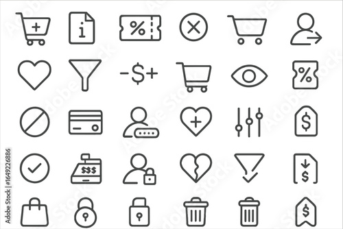 Collection of minimalistic shopping and payment icons featuring various symbols for e-commerce activities