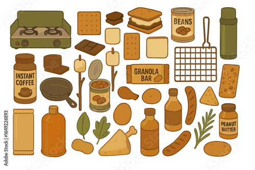 Kitchen illustration featuring various food items and cooking tools arranged on a white background