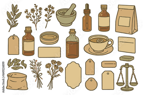 Various herbal and natural product elements displayed on a white background highlighting their unique forms and uses in wellness practices
