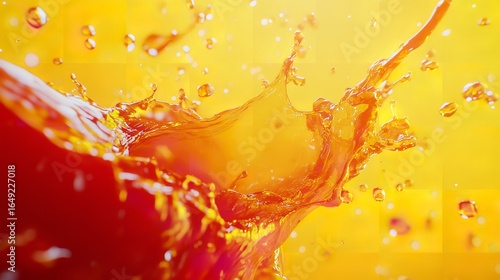 Close up shot of splashing orange liquid against a bright yellow background with droplets scattered around