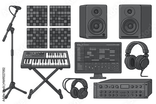 Equipment used in music production for creating and mixing tracks in a home studio setting