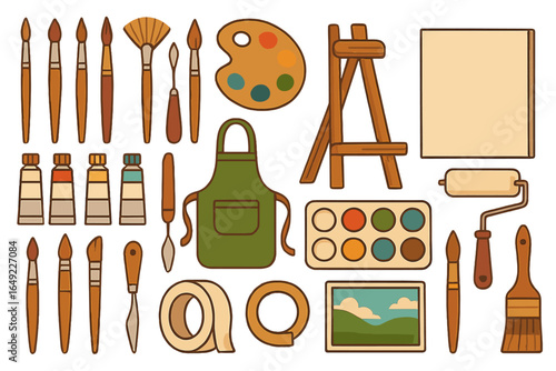 Various art supplies arranged on a flat surface for painting and creative activities indoors