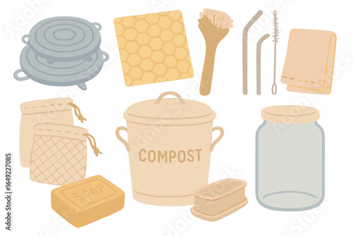 Home composting supplies and eco-friendly kitchen tools arranged for sustainable living practices