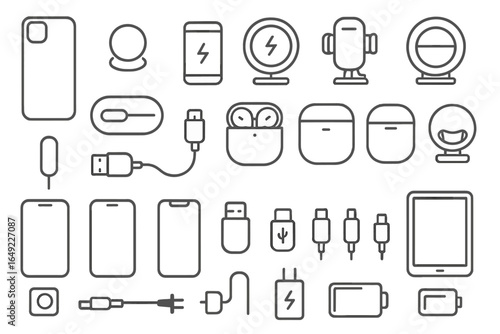 Collection of electronic accessories and chargers arranged on a flat surface showcasing modern technology