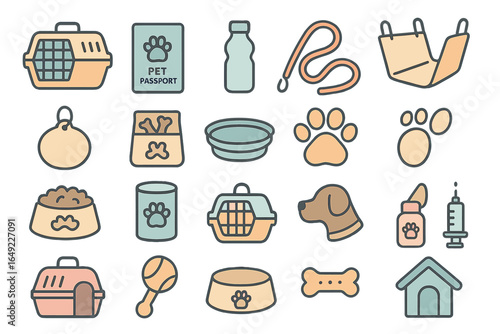 Collection of pet-related items for animal travel and care displayed in a colorful arrangement