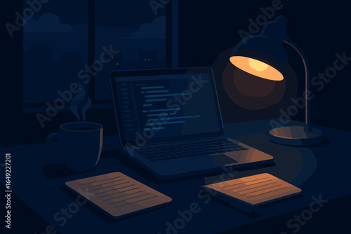 Late-night study session at a desk with a laptop and a cup of coffee in a dimly lit room