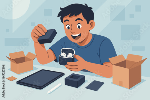 Excitement of unboxing new tech gadgets in a cozy indoor setting