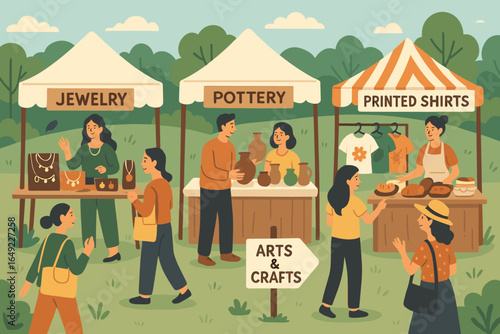 Craft fair featuring jewelry, pottery, and printed shirts in a sunny park on a weekend afternoon