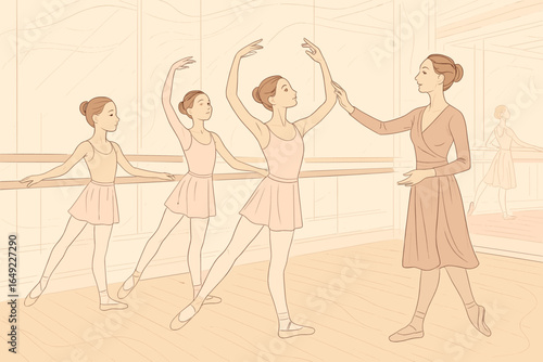 Dance class in a bright studio with a teacher guiding young ballet dancers during practice
