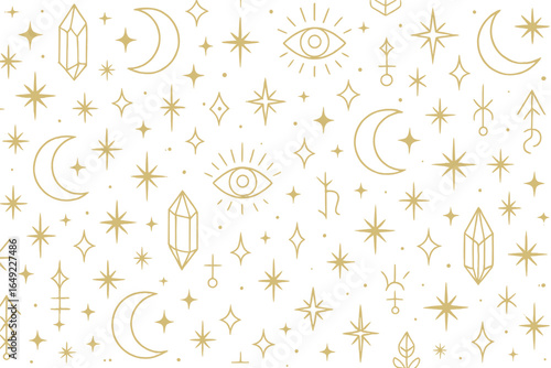 Mystical seamless pattern with crescent moons, all-seeing eyes, crystals, stars, astrology symbols, and sacred geometry in gold outline on golden background