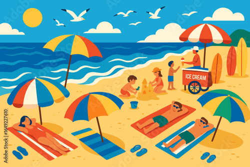 Vibrant beach illustration with people sunbathing under umbrellas, children building sandcastle, and ice cream vendor by the ocean