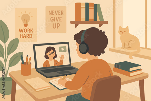 Illustration of student attending online class with headphones, laptop, books, motivational posters, and cat sitting on windowsill