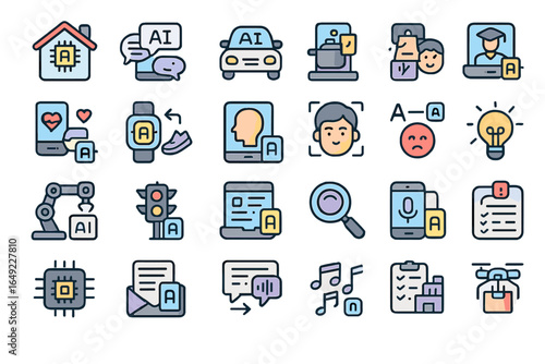 Artificial Intelligence Icon Set for Technology, Automation, Communication, and Smart Devices