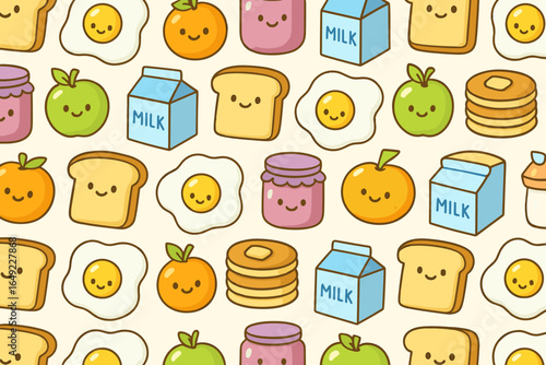 Colorful pattern featuring smiling food items and breakfast essentials in a cheerful design